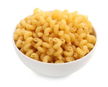 Beyaz kasede çiğ cavatappi makarna.