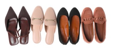 Farklı güzel ayakkabılar. Beyaz, üst manzara.