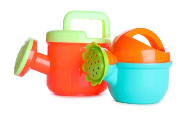 Beach toy for children isolated on white, banner design. Plastic watering cans