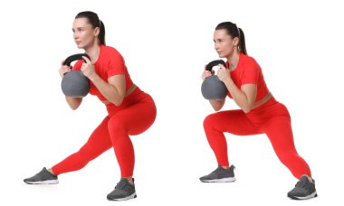Kettlebell 'le egzersiz yapan bir kadın. Beyaz arkaplanda kolaj