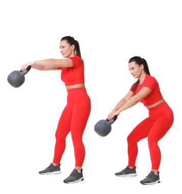Kettlebell 'le egzersiz yapan bir kadın. Beyaz arkaplanda kolaj