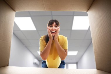 Kadın odada tavana bakan karton kutuya bakıyor, içeriden görüyor