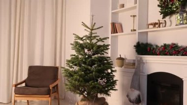 Güzel Noel ağacı ve şöminenin yanındaki dekoratif cüce.