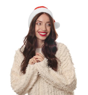 Beyaz arka planda Noel Baba şapkalı mutlu kadın. Noel sezonu