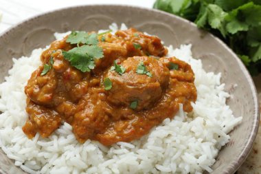 Lezzetli tavuk tikka masala pilav ve kişniş tabakta, yakın plan.