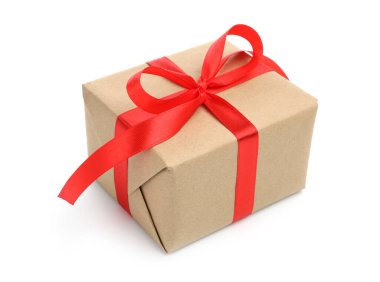 Beyaz kurdeleli bir hediye kutusu.