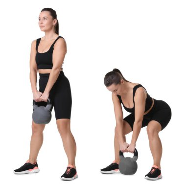 Kettlebell 'le egzersiz yapan bir kadın. Beyaz arkaplanda kolaj