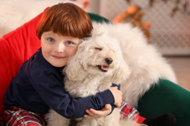 Noel için dekore edilmiş, şirin köpeğiyle küçük bir çocuk.