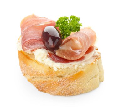 Krem peynirli, jambonlu, marine edilmiş siyah zeytinli ve maydanozlu nefis bruschetta.