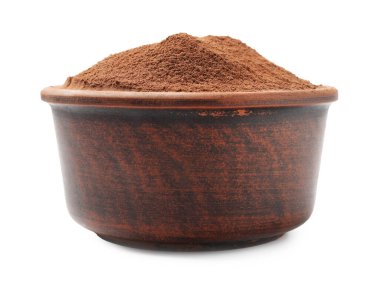 Beyaz tenceredeki doğal kakao tozu.