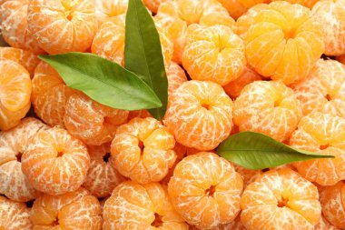 Birçok olgun soyulmuş mandalina ve yeşil yapraklar, üst manzara
