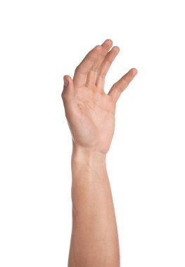 Elini beyaz arka planda gösteren adam, yakın plan.