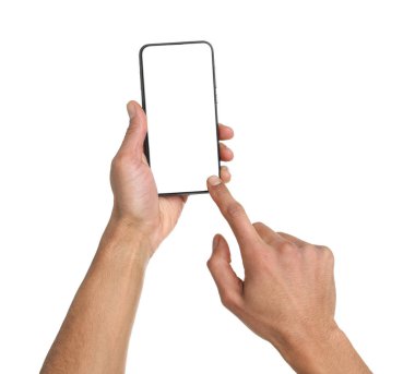 Man holding smartphone with blank screen on white background, closeup. Mockup for design