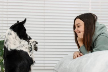 Evinde Collie köpeği olan bir kadın.