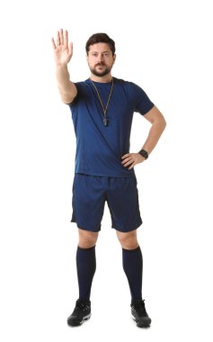 Hakem beyaz arkaplanda dur hareketi gösteriyor