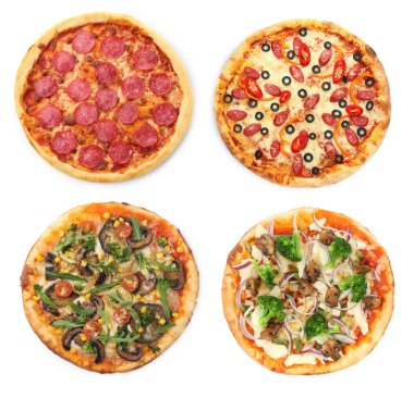 Beyaz, üst görünümde izole edilmiş farklı lezzetli pizzalar.