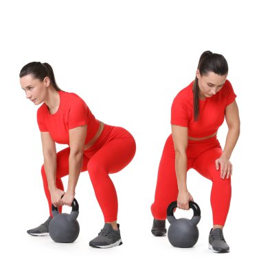 Kettlebell 'le egzersiz yapan bir kadın. Beyaz arkaplanda kolaj