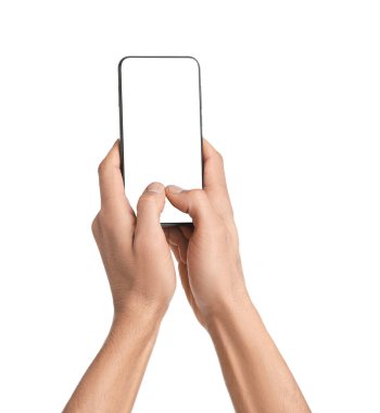 Man holding smartphone with blank screen on white background, closeup. Mockup for design