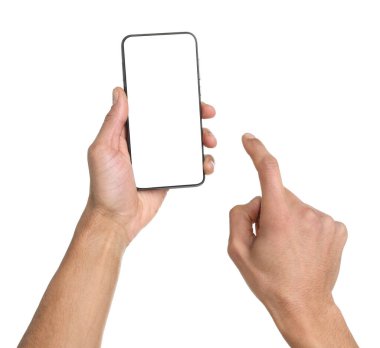 Man holding smartphone with blank screen on white background, closeup. Mockup for design