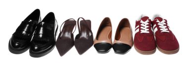 Beyaza izole edilmiş farklı şık ayakkabılar.