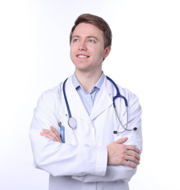 Beyaz arkaplanda tıbbi asistanın portresi