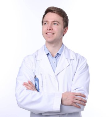 Beyaz arkaplanda tıbbi asistanın portresi