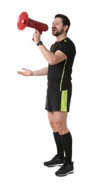 Hakem beyaz arka planda megafonla bağırıyor