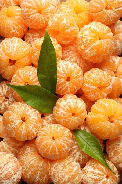 Birçok olgun soyulmuş mandalina ve yeşil yapraklar, üst manzara
