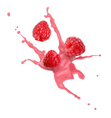 Beyaz arka planda milkshake ve ahududular uçuşuyor.