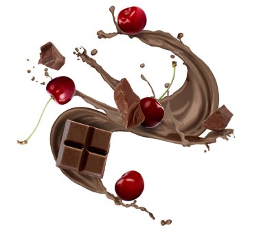 Süt tozu, kiraz ve çikolata parçaları beyaz arka planda.