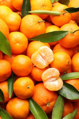 Arka plan olarak yeşil yapraklı taze mandalinalar.