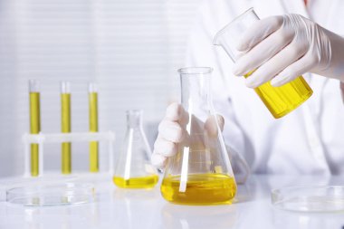 Bilim adamı laboratuardaki motor yağı kalitesini kontrol ediyor, yakın plan. Metin için boşluk