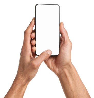 Man holding smartphone with blank screen on white background, closeup. Mockup for design