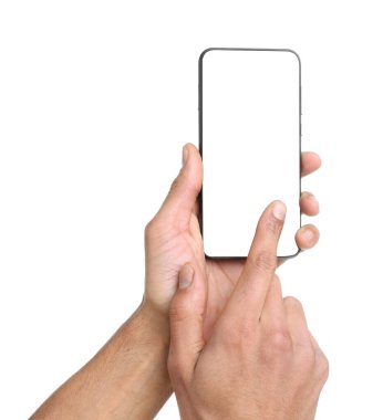 Man holding smartphone with blank screen on white background, closeup. Mockup for design