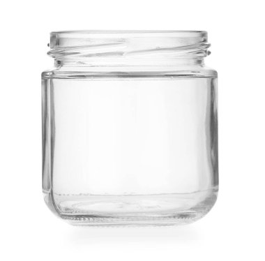 Beyaza izole edilmiş boş bir cam kavanoz.