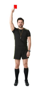 Hakem beyaz arkaplanda kırmızı kart tutuyor