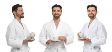 Beyaz arka planda bornoz giyen bir adam, portre kolajı.