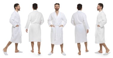 Beyaz arka planda bornoz giyen bir adam, portre kolajı.