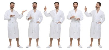 Beyaz arka planda bornoz giyen bir adam, portre kolajı.