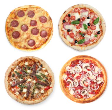 Beyaz, üst görünümde izole edilmiş farklı lezzetli pizzalar.