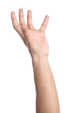 Elini beyaz arka planda gösteren adam, yakın plan.