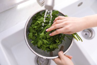 Lavaboda maydanozu elek yıkayan kadın, yakın plan.