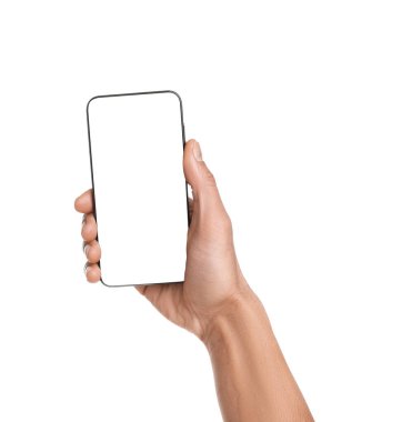 Man holding smartphone with blank screen on white background, closeup. Mockup for design