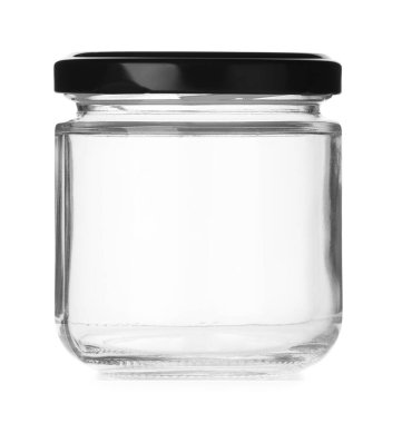 Beyaza izole edilmiş boş bir cam kavanoz.