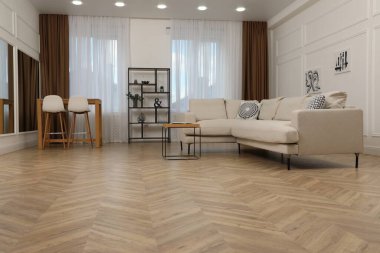 Parke döşemeli ve şık mobilyalı modern oturma odası.