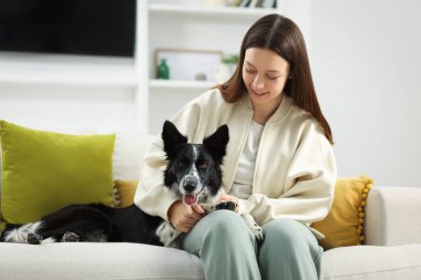 Evdeki kanepesinde Collie köpeği olan bir kadın.