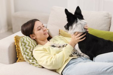 Evdeki kanepesinde Collie köpeği olan bir kadın.
