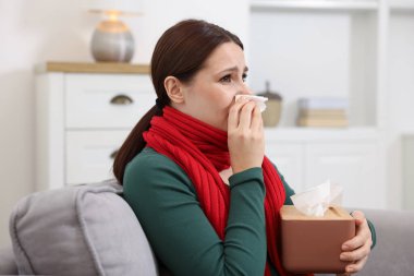 Evde burnu akan bir kadın. Soğuk Semptom