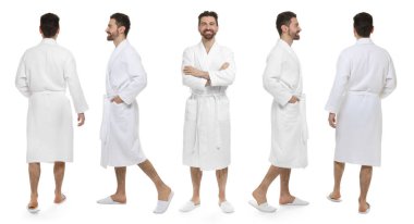 Beyaz arka planda bornoz giyen bir adam, portre kolajı.