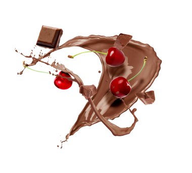 Süt tozu, kiraz ve çikolata parçaları beyaz arka planda.